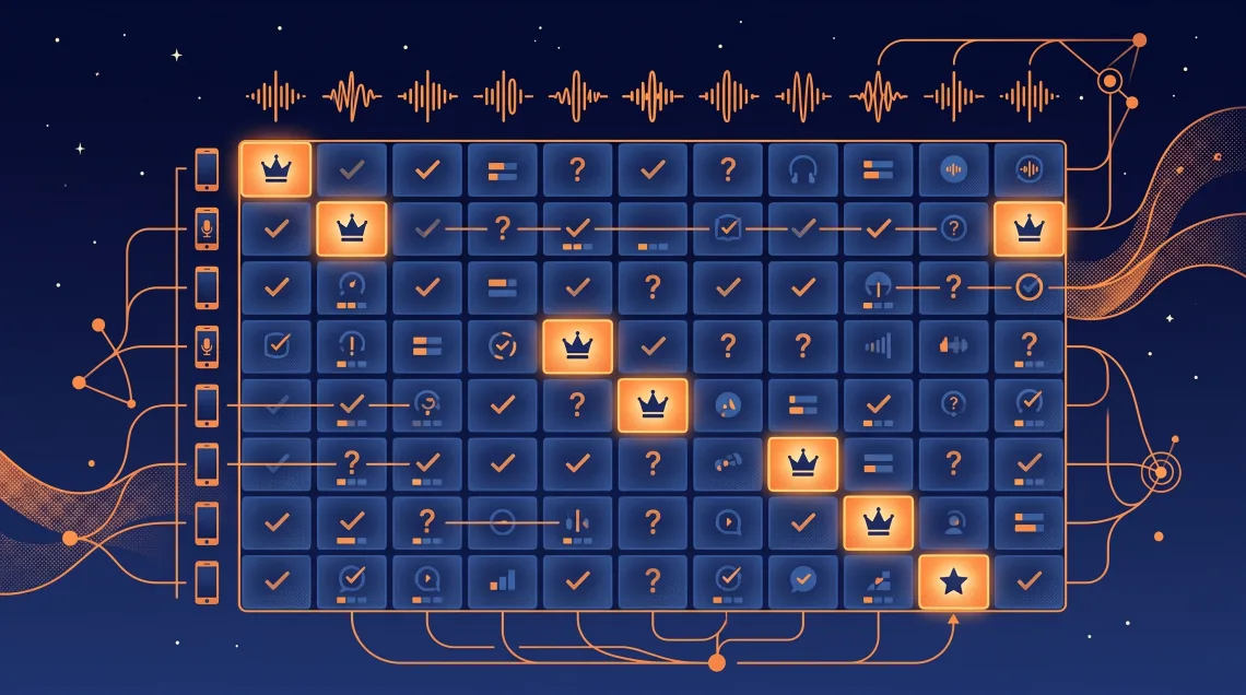 Scoring matrix comparing 2026 AI voice agent platforms across capability rows